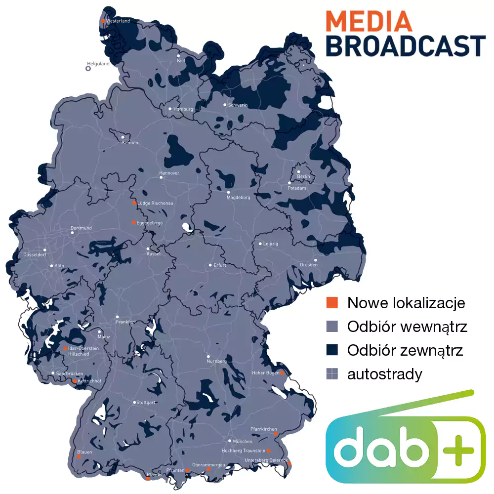 Mapa przedstawia schematyczną prognozę odbioru sygnału. Ze względu na lokalne lub topograficzne uwarunkowania oraz ewentualne korekty planów, sygnały DAB+ mogą być w oznaczonych obszarach częściowo niedostępne lub wymagać bardziej zaawansowanych anten. Szczegółową prognozę odbioru można znaleźć na stronie www.dabplus.de/empfang