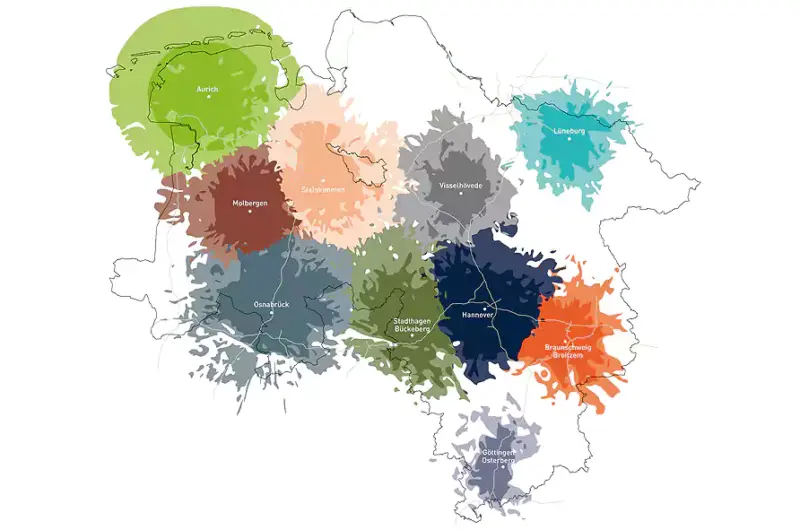 Zasięg multipleksów regionalnych DAB+ w Dolnej Saksonii. (grafika: Media Broadcast)