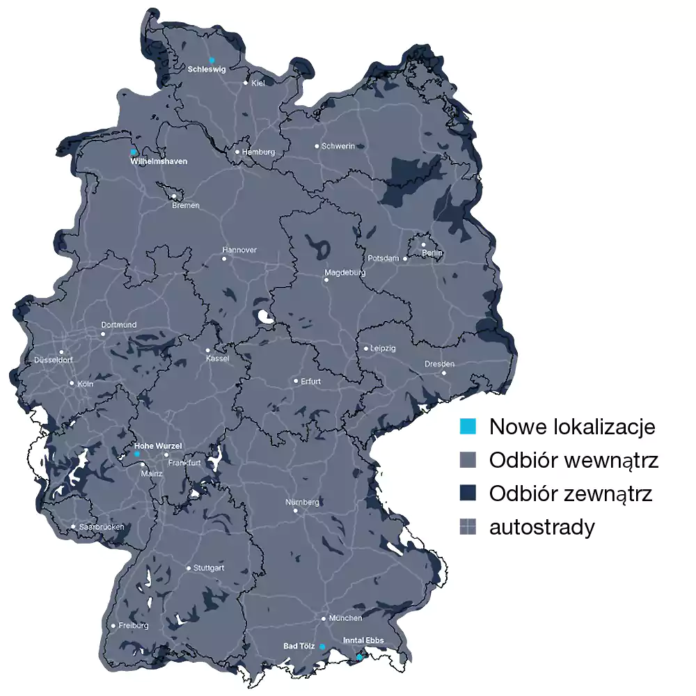 Mapa przedstawia schematyczną prognozę odbioru sygnału. Ze względu na lokalne lub topograficzne uwarunkowania oraz ewentualne korekty planów, sygnały DAB+ mogą być w oznaczonych obszarach częściowo niedostępne lub wymagać bardziej zaawansowanych anten. Szczegółową prognozę odbioru można znaleźć na stronie [www.dabplus.de/empfang](http://www.dabplus.de/empfang). Stan na listopad 2024.