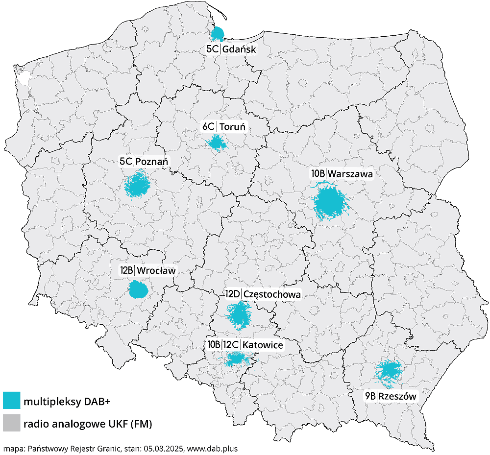 Częstotliwosci i zasięg Eska Rock UKF i DAB+ (grafika: dab.plus)
