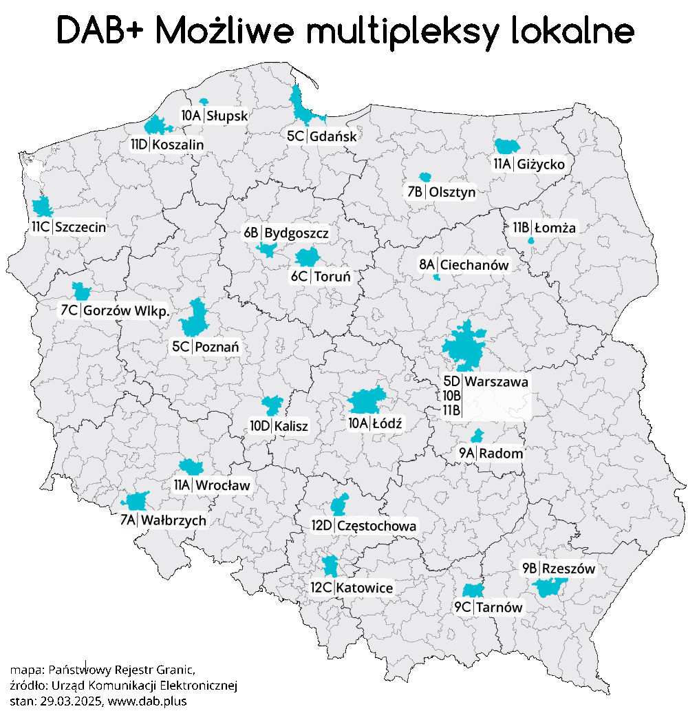 Możliwe lokalizacje multipleksów lokalnych w Polsce. (grafika: dab.plus)
