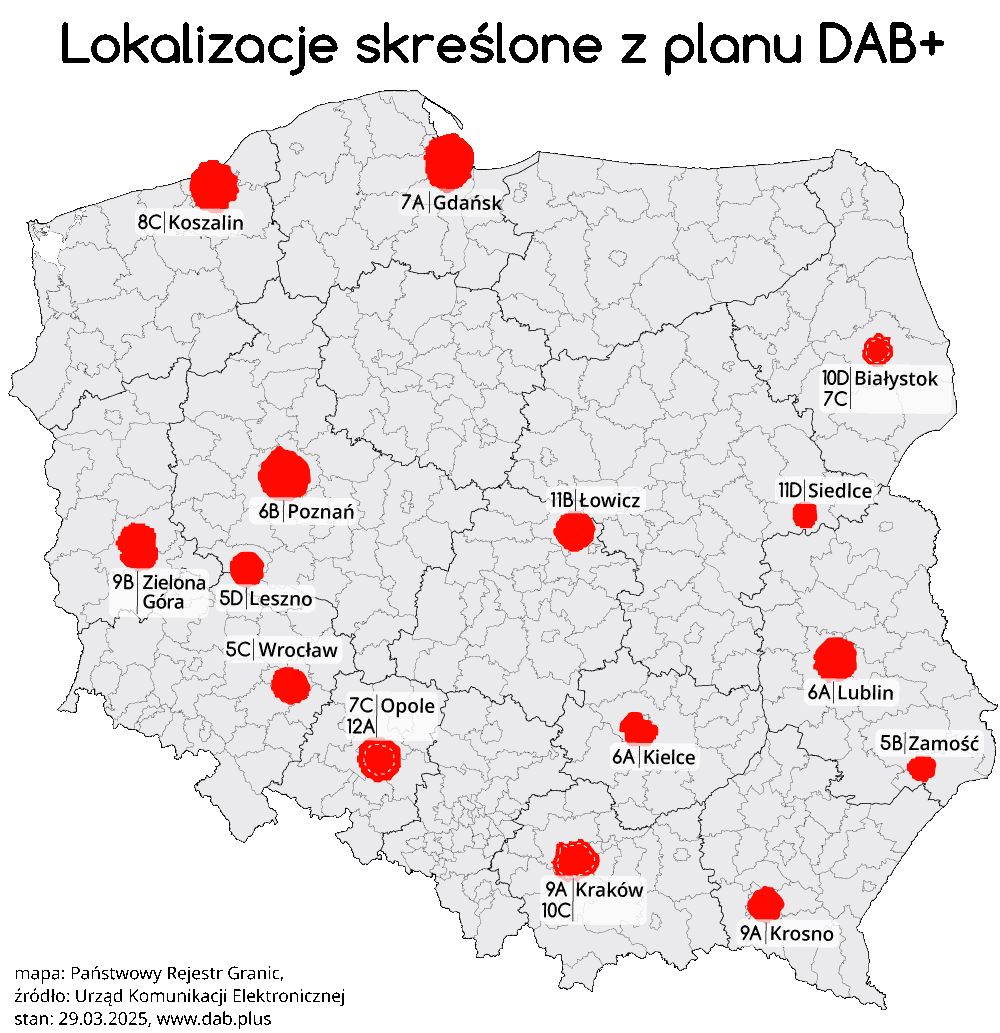 Lokalizacje i kanały które pierwotnie przedstawiono ale nie są na razie dostępne. (grafika: dab.plus)