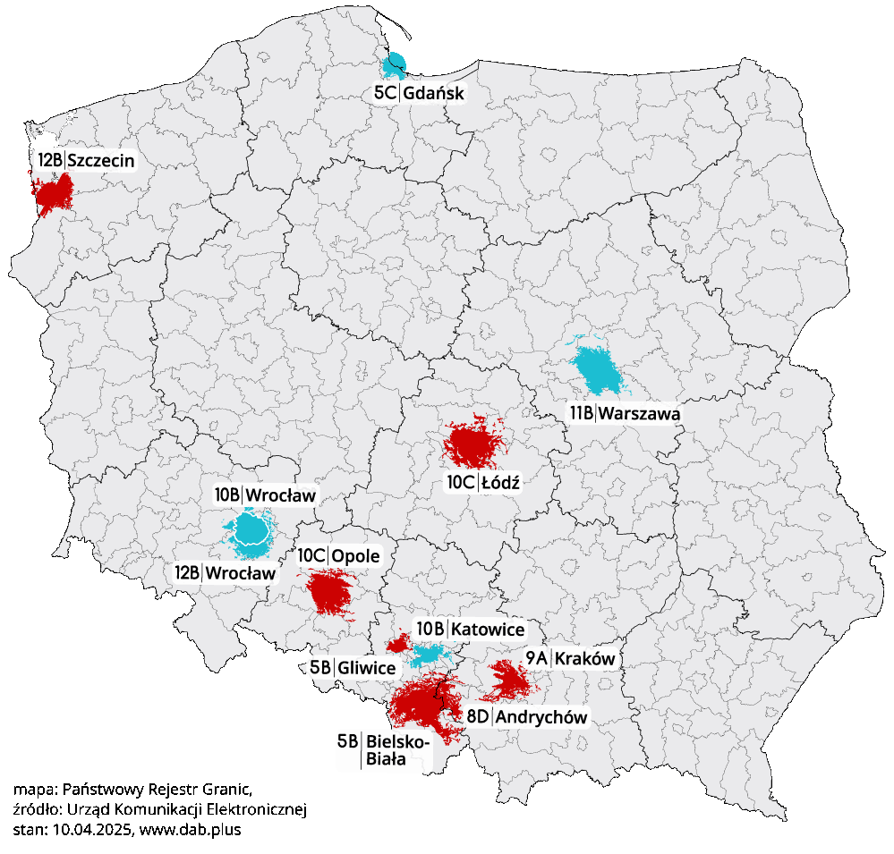 W siedmiu lokalizacjach (kolor czerwony) może umilknąć DAB+ w następnych tygodniach. (grafika: dab.plus)