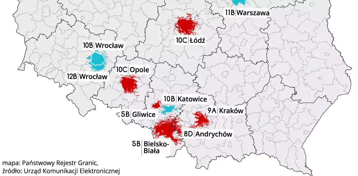 Niewiadoma przyszłość 8 emisji DAB+ w Poslce. (źródło mapy: Państwowy Rejestr Granic)