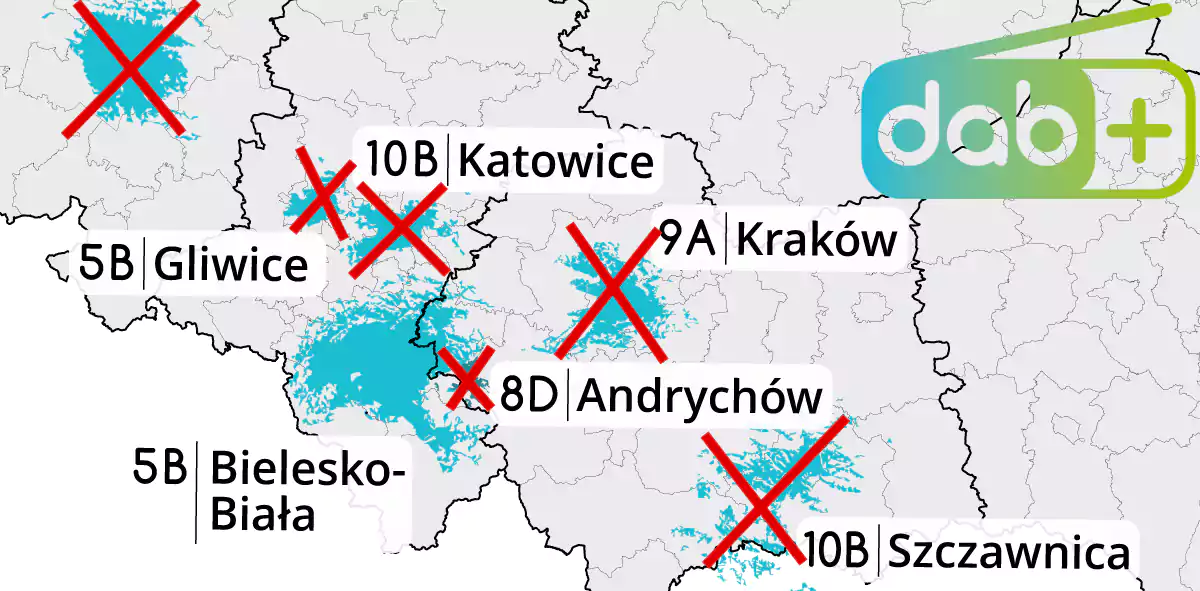 Niewiadoma przyszłość 8 emisji DAB+ w Poslce. (źródło mapy: Państwowy Rejestr Granic)
