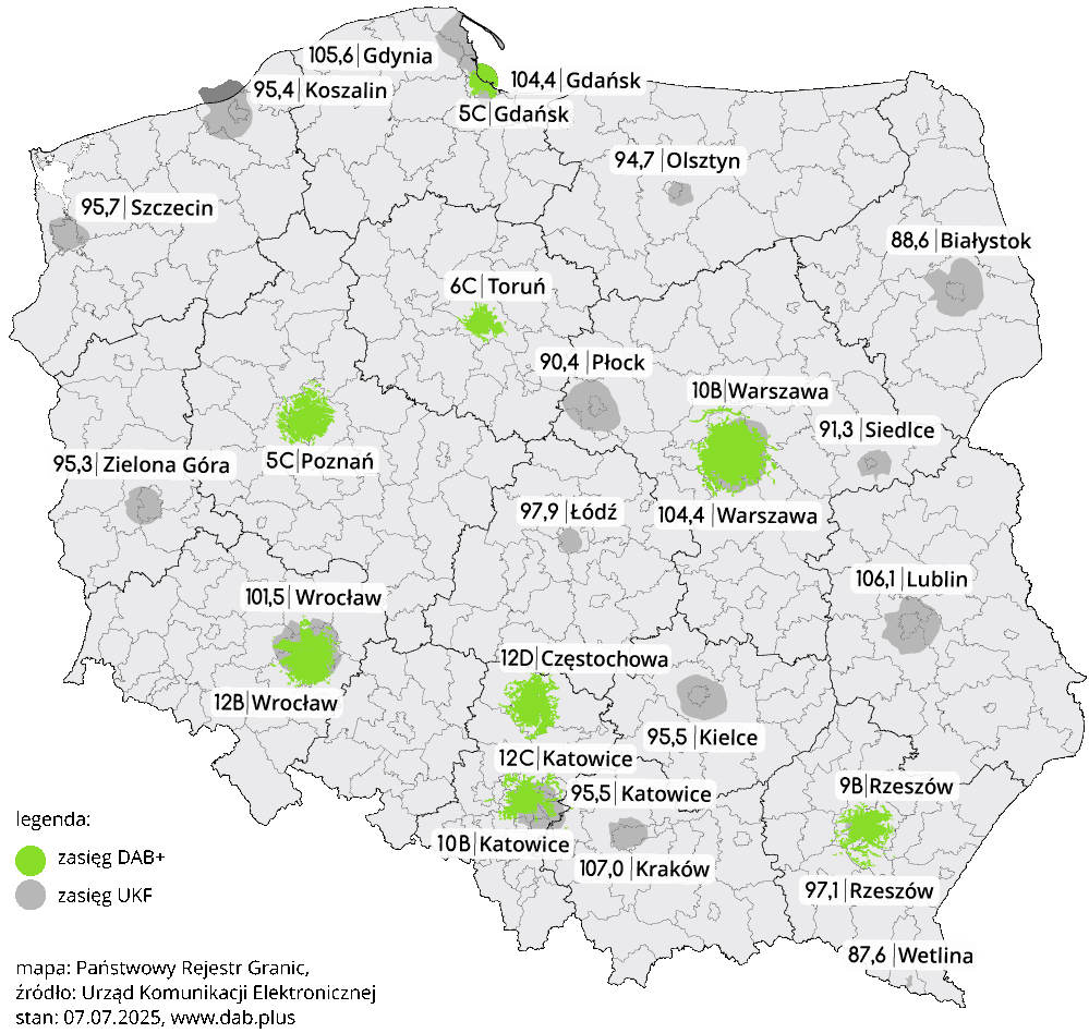 Częstotliwosci i zasięg Eska Rock UKF i DAB+ (grafika: dab.plus)