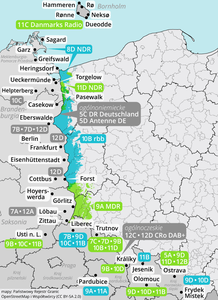 Sprawdź na których kanałach nadają zagraniczne multipleksy DAB+ wzdłuż polskiej granicy.