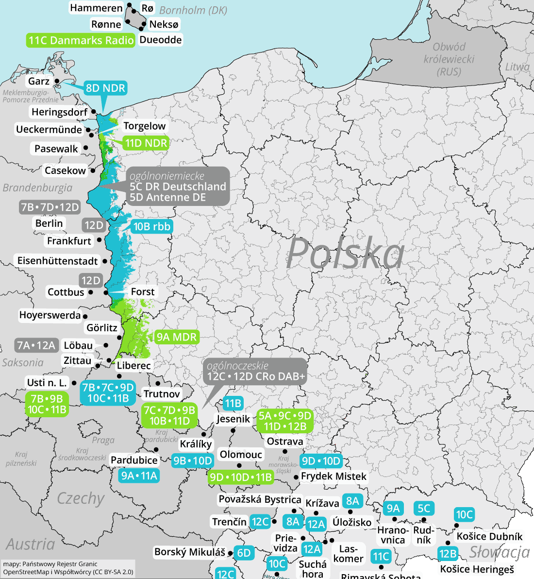 Sprawdź na których kanałach nadają zagraniczne multipleksy DAB+ wzdłuż polskiej granicy.