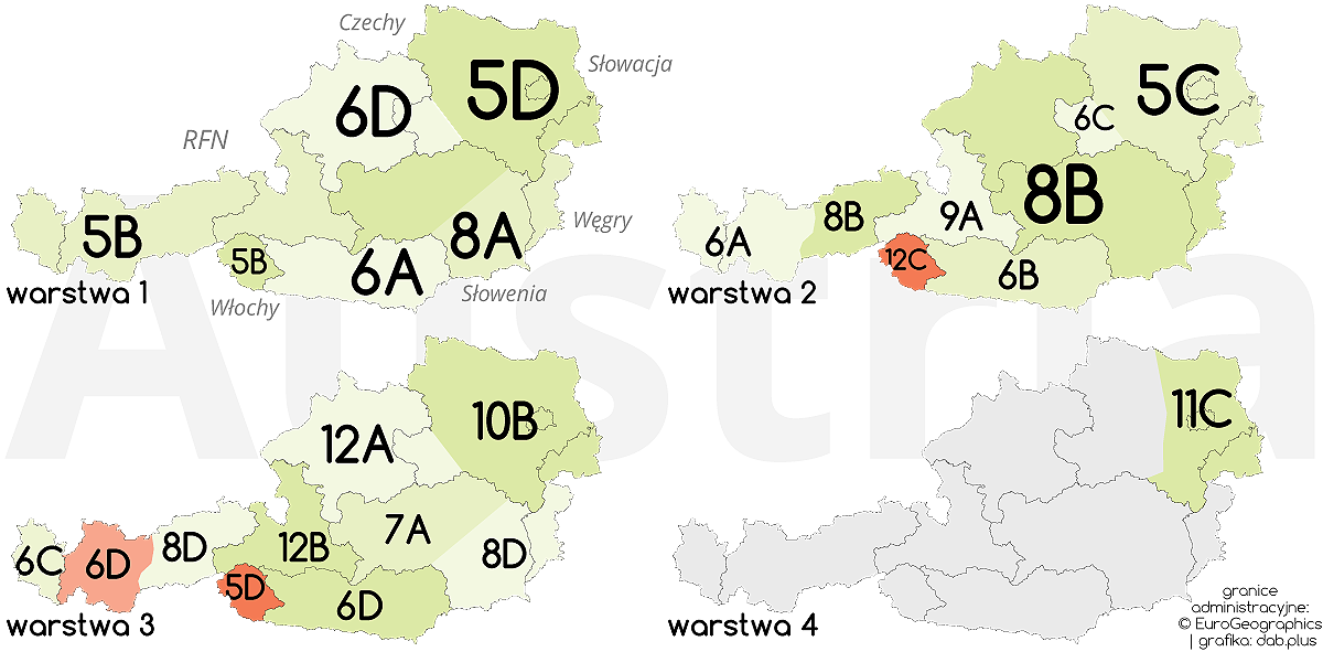 Zasoby wykorzystywane dla radia cyfrowego DAB+ w Austrii (granice administracyjne: EuroGeographics, grafika: dab.plus)