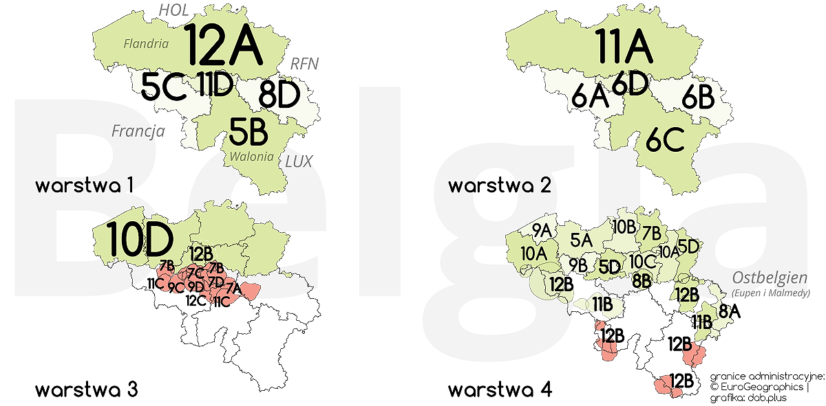 Zasoby wykorzystywane dla radia cyfrowego DAB+ w Belgii (granice administracyjne: EuroGeographics, grafika: dab.plus)