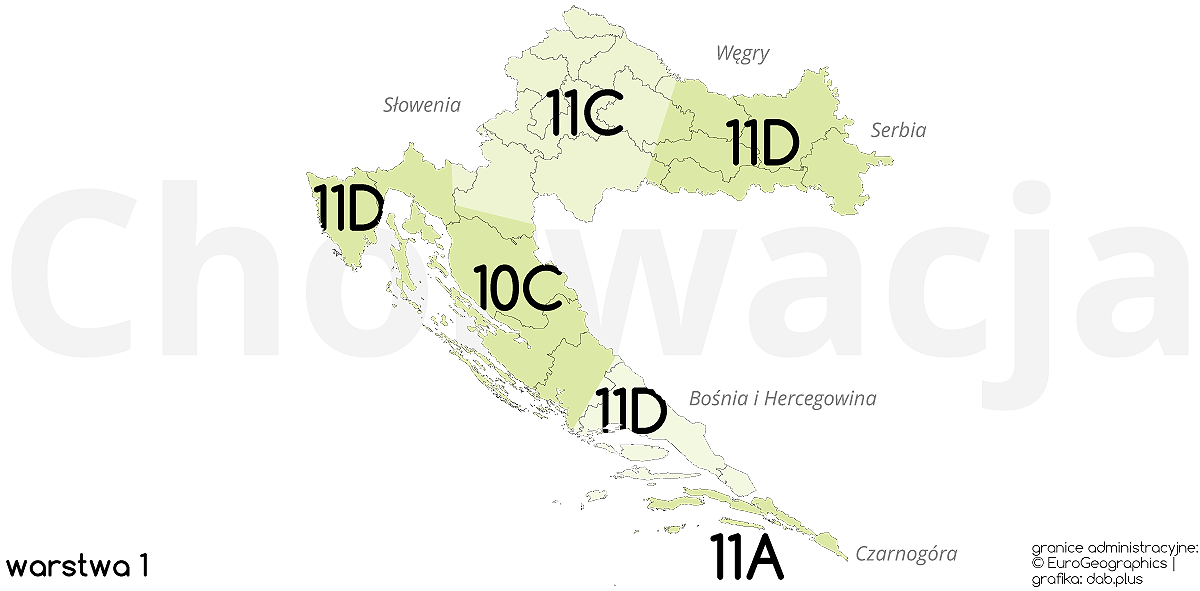 Zasoby wykorzystywane dla radia cyfrowego DAB+ w Chorwacji. (granice administracyjne: EuroGeographics, grafika: dab.plus)
