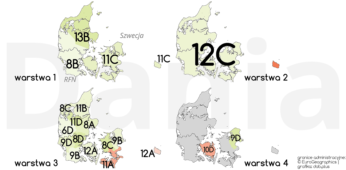 Zasoby wykorzystywane dla radia cyfrowego DAB+ w Danii (granice administracyjne: EuroGeographics, grafika: dab.plus)