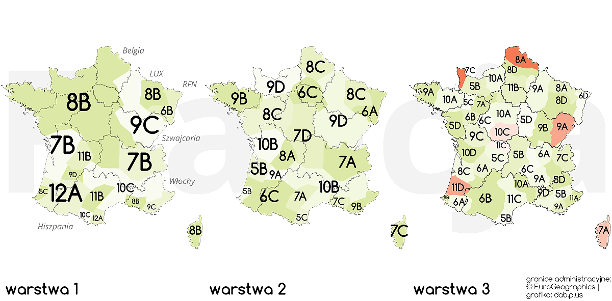Zasoby wykorzystywane dla radia cyfrowego DAB+ w Francji (bez sieci lokalnych),  (granice administracyjne: EuroGeographics, grafika: dab.plus)