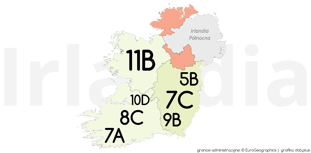 Zasoby wykorzystywane dla radia cyfrowego DAB+ w Irlandii. (granice administracyjne: EuroGeographics, grafika: dab.plus)