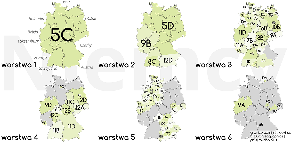 Zasoby wykorzystywane dla radia cyfrowego DAB+ w Niemczech. (granice administracyjne: EuroGeographics, grafika: dab.plus)