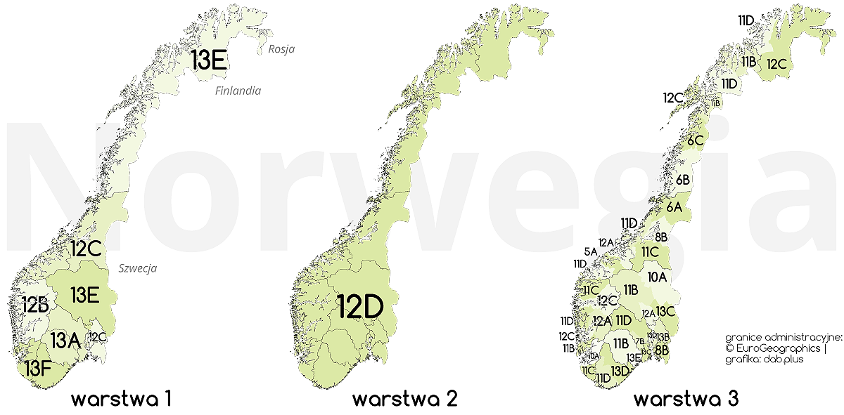Zasoby wykorzystywane dla radia cyfrowego DAB+ w Norwegii (granice administracyjne: EuroGeographics, grafika: dab.plus)