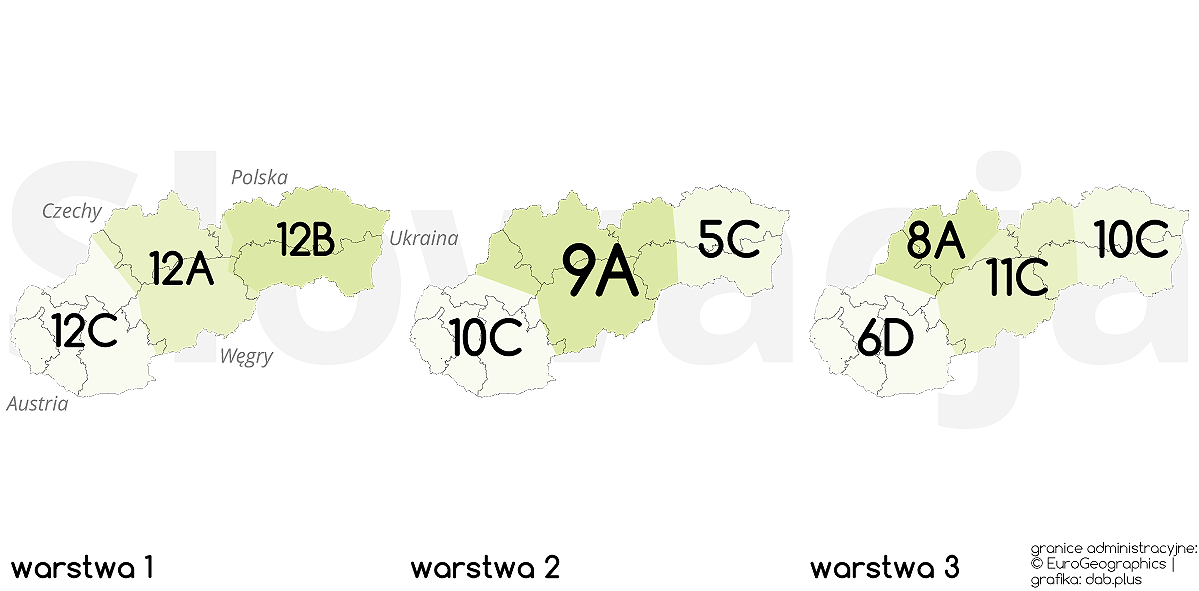 Zasoby wykorzystywane dla radia cyfrowego DAB+ w Słowacji. (granice administracyjne: EuroGeographics, grafika: dab.plus)