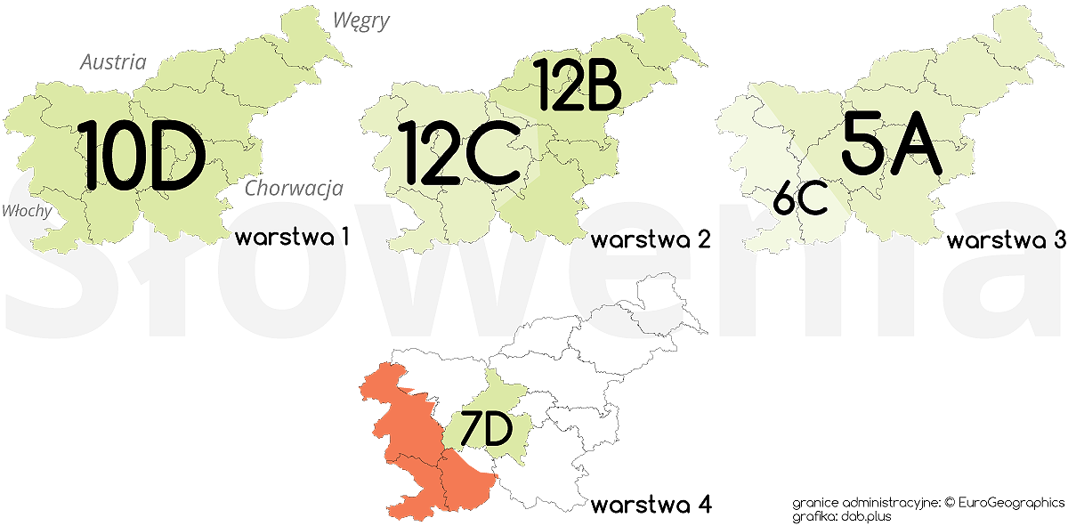 Zasoby wykorzystywane dla radia cyfrowego DAB+ w Słowenii (granice administracyjne: EuroGeographics, grafika: dab.plus)