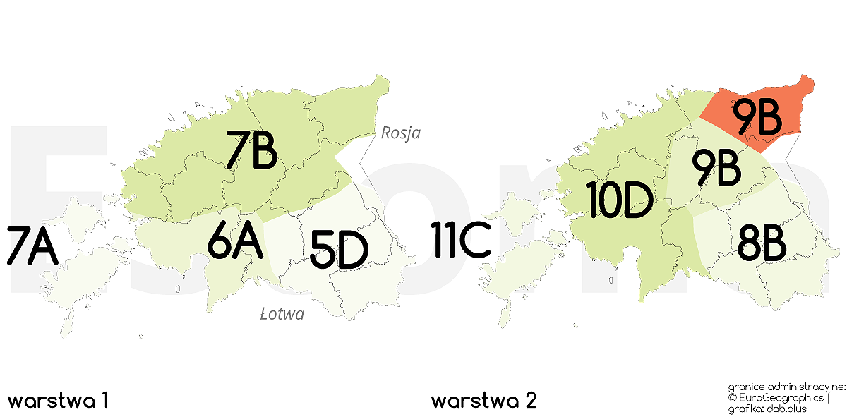 Zasoby wykorzystywane dla radia cyfrowego DAB+ w Estonii, (granice administracyjne: EuroGeographics, grafika: dab.plus)