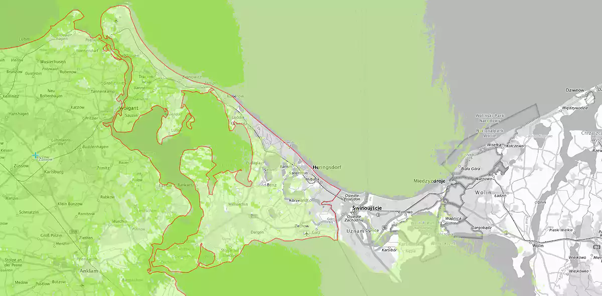 Do 5. sierpnia część Uznam było poza zasięgiem ogólnoniemieckiego radia. Po uruchomieniu nowego nadajnika oferta programowa na wyspie wzrosła. (mapa: empfangsprognose.de)