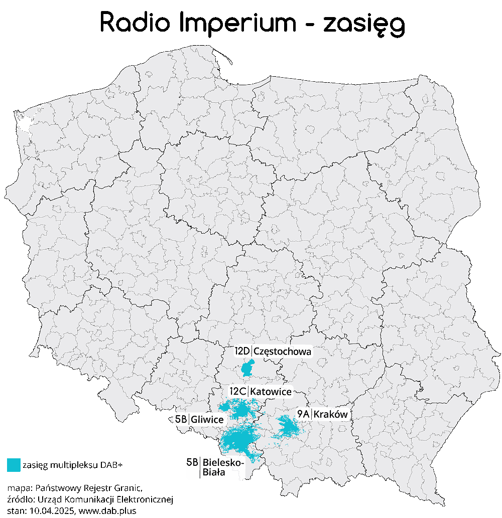 Częstotliwości i zasięg Radia Imperium (grafika: dab.plus)
