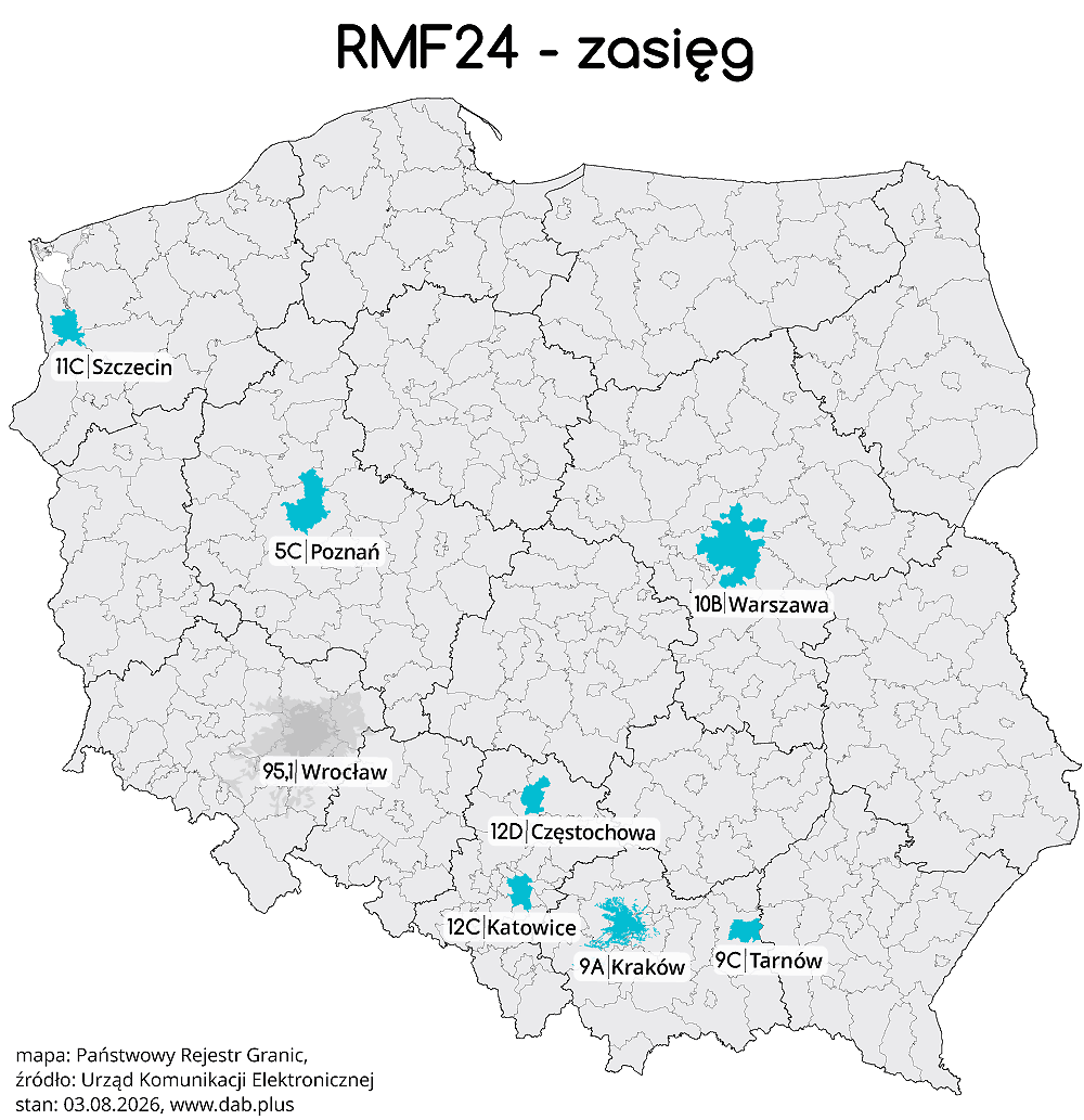 Częstotliwości i zasięg RMF24 UKF i DAB+ (grafika: dab.plus)