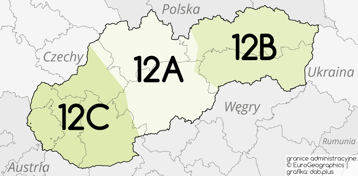 Kanały sieci DAB+ 1 w Słowacji. (granice administracyjne: EuroGeographics, grafika: dab.plus)