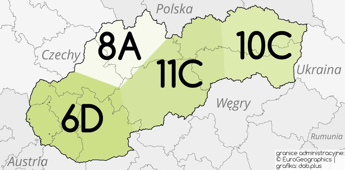 Kanały sieci DAB+ 2 w Słowacji. (granice administracyjne: EuroGeographics, grafika: dab.plus)